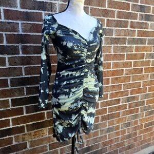 PrettyLittleThing Ruched Bodycon Dress Black White Long Sleeve Size 8